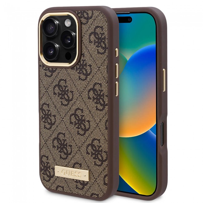 Apple iPhone 16 Pro Kılıf Guess Orjinal Lisanslı Magsafe Şarj Özellikli 4G Desenli PU Metal Plaka Klasik Logolu Kapak Apple iPhone 16 Pro Kılıf Guess Orjinal Lisanslı Magsafe Şarj Özellikli 4G Desenli PU Metal Plaka Klasik Logolu Kapak
