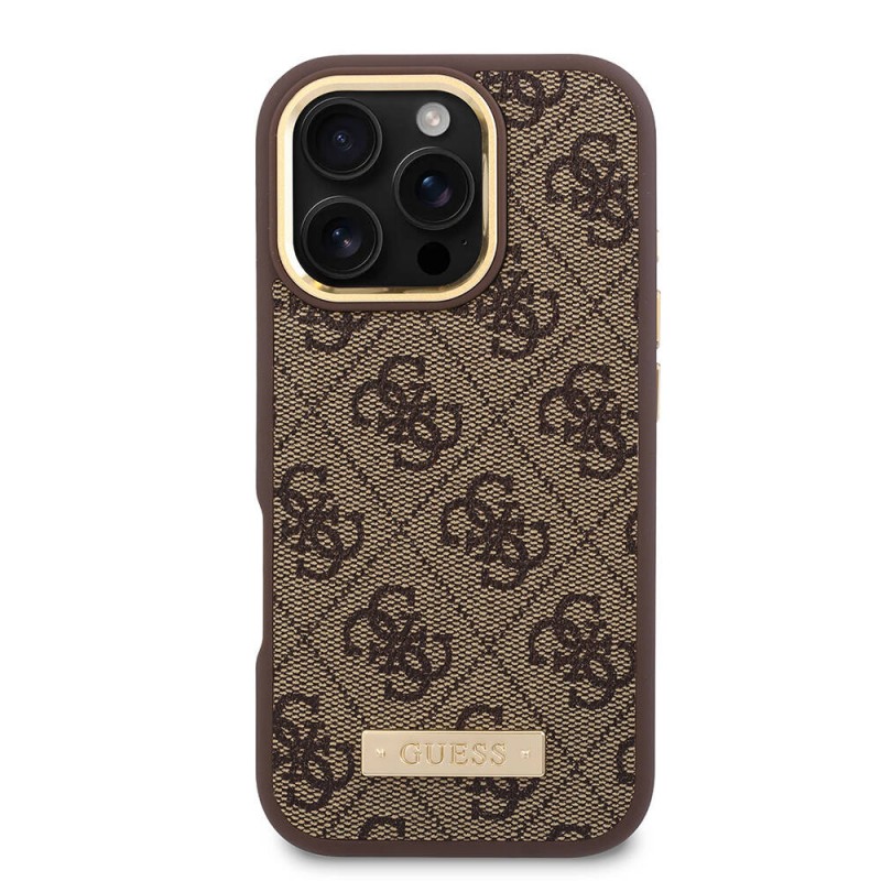 Bal-z Apple iPhone 16 Pro Kılıf Guess Orjinal Lisanslı M-safe Şarj Özellikli 4G Desenli PU Metal Plaka Klasik Logolu Kapak