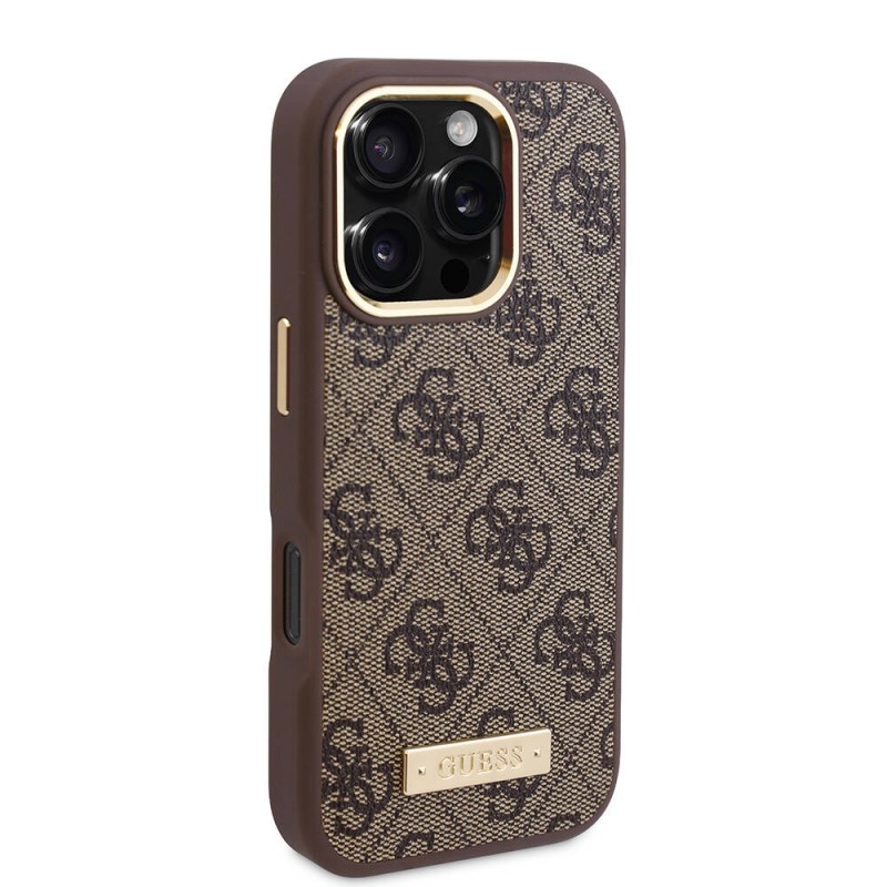 Bal-z Apple iPhone 16 Pro Kılıf Guess Orjinal Lisanslı M-safe Şarj Özellikli 4G Desenli PU Metal Plaka Klasik Logolu Kapak