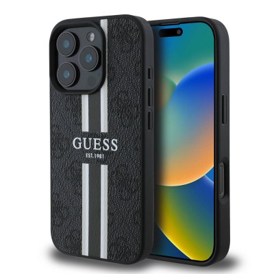 Bal-z Apple iPhone 16 Pro Kılıf Guess Orjinal Lisanslı M-safe Şarj Özellikli 4G Şerit Tasarımlı Printed Kapak