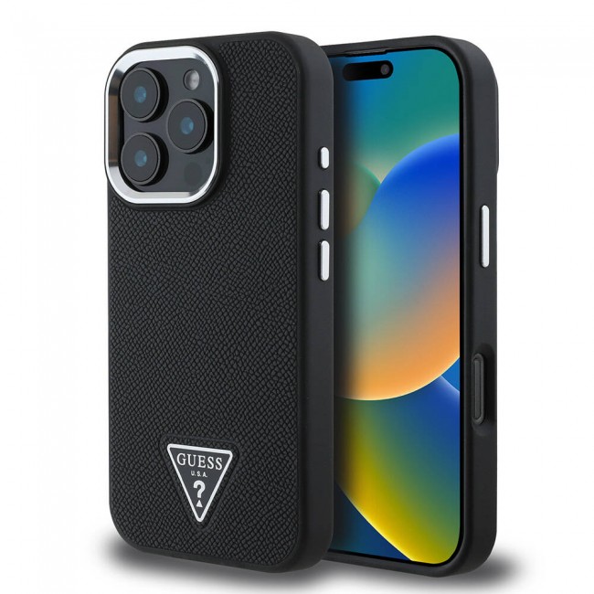 Apple iPhone 16 Pro Kılıf Guess Orjinal Lisanslı Magsafe Şarj Özellikli Grained Triangle Kapak Apple iPhone 16 Pro Kılıf Guess Orjinal Lisanslı Magsafe Şarj Özellikli Grained Triangle Kapak
