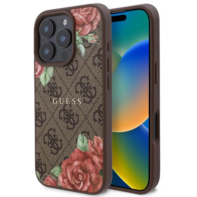 Bal-z Apple iPhone 16 Pro Kılıf Guess Orjinal Lisanslı M-safe Şarj Özellikli Gül Baskılı 4G Desenli Yazı Logolu Kapak