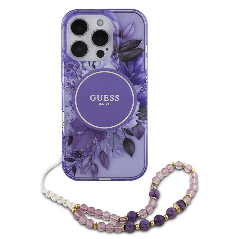 Bal-z Apple iPhone 16 Pro Kılıf Guess Orjinal Lisanslı M-safe Şarj Özellikli IML Baskılı Çiçek İnci Bileklikli Kapak