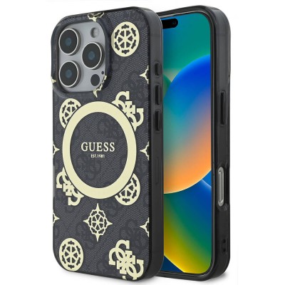 Bal-z Apple iPhone 16 Pro Kılıf Guess Orjinal Lisanslı M-safe Şarj Özellikli IML Peony ve 4G Desenli Klasik Logolu Kapak
