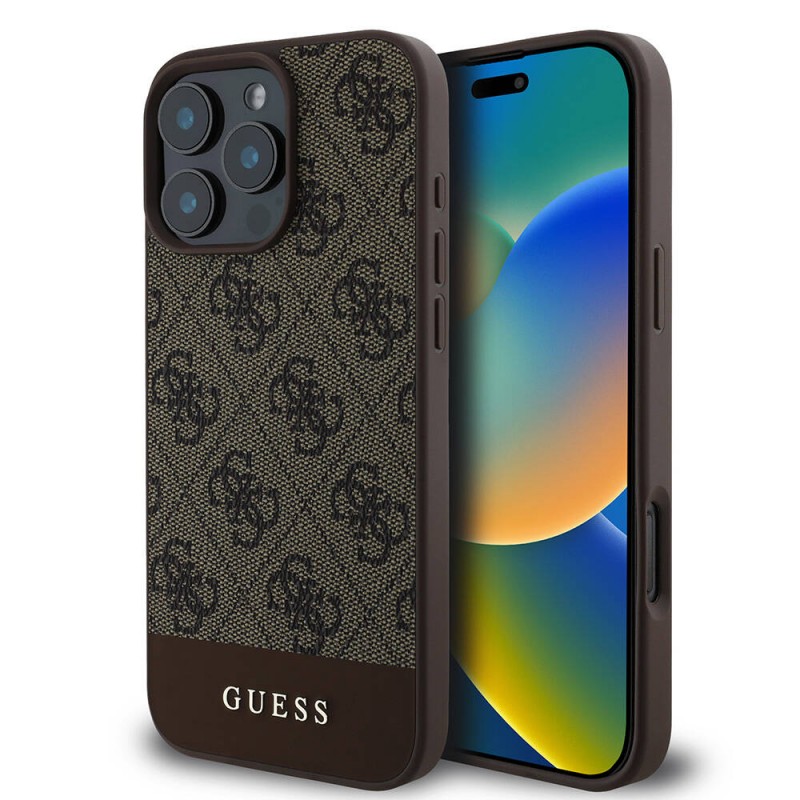 Bal-z Apple iPhone 16 Pro Kılıf Guess Orjinal Lisanslı M-safe Şarj Özellikli PU Deri Şerit Logo Dizaynlı Kapak