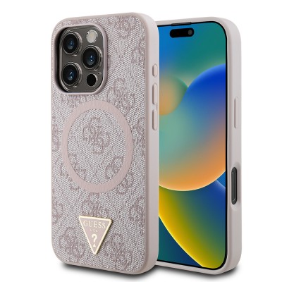 Bal-z Apple iPhone 16 Pro Kılıf Guess Orjinal Lisanslı M-safe Şarj Özellikli PU Üçgen Logo 4G Desenli Kapak