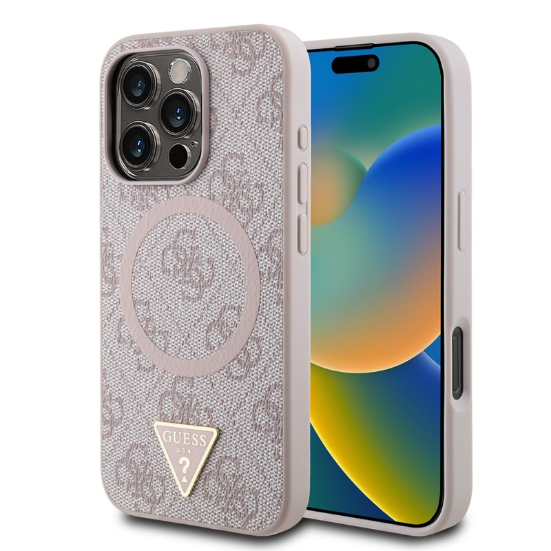 Bal-z Apple iPhone 16 Pro Kılıf Guess Orjinal Lisanslı M-safe Şarj Özellikli PU Üçgen Logo 4G Desenli Kapak