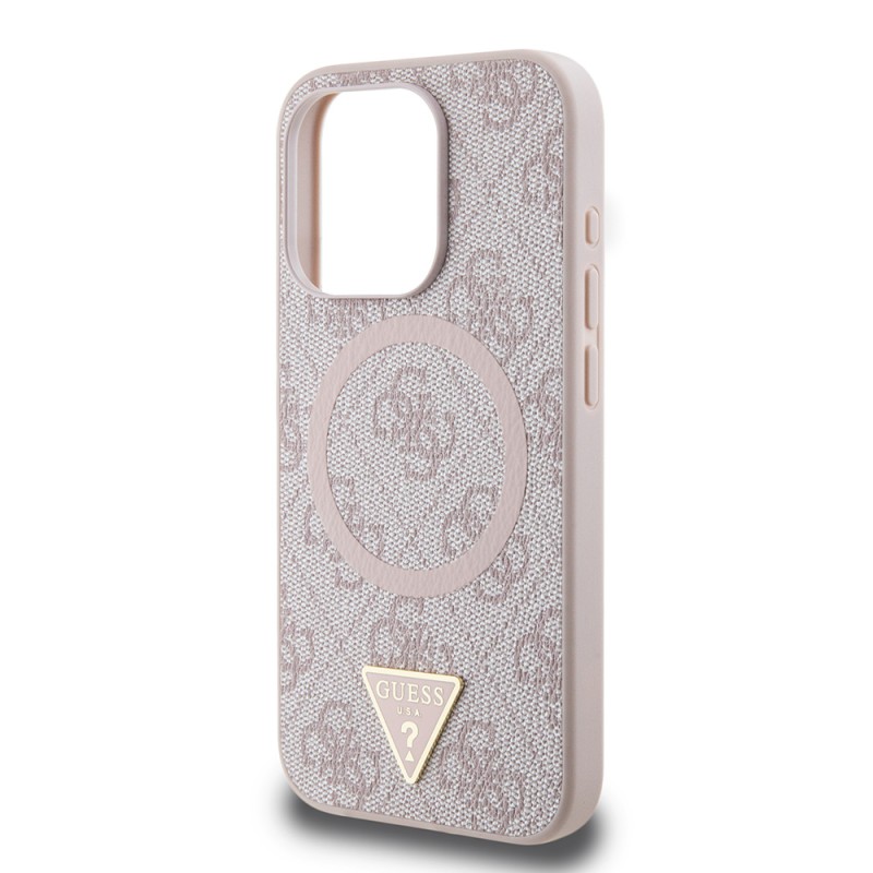 Bal-z Apple iPhone 16 Pro Kılıf Guess Orjinal Lisanslı M-safe Şarj Özellikli PU Üçgen Logo 4G Desenli Kapak