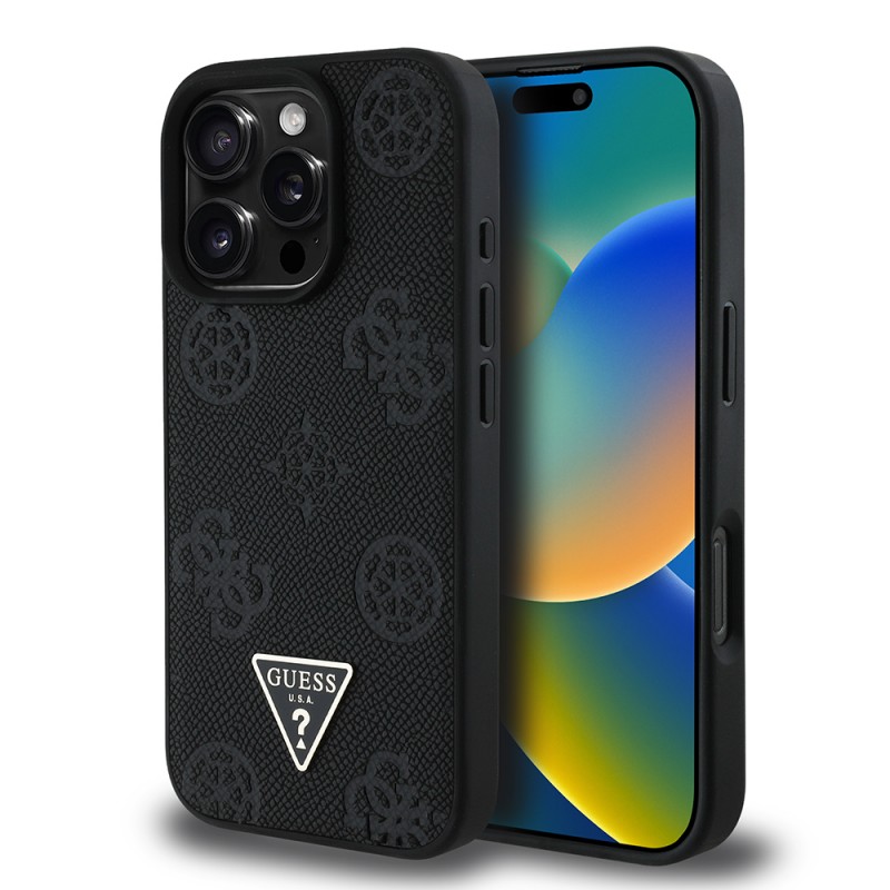 Bal-z Apple iPhone 16 Pro Kılıf Guess Orjinal Lisanslı M-safe Şarj Özellikli Sıcak Baskılı Üçgen Logolu PU Deri Peony Kapak