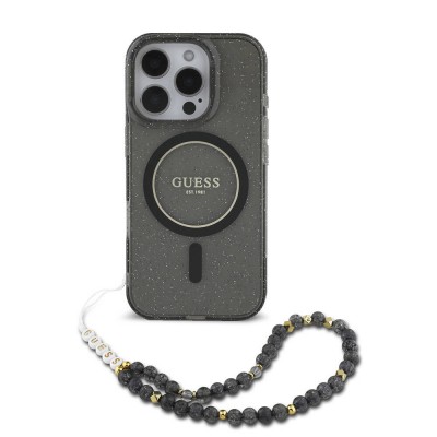 Bal-z Apple iPhone 16 Pro Kılıf Guess Orjinal Lisanslı M-safe Şarj Özellikli Simli Silikon İnci Bileklikli Kapak