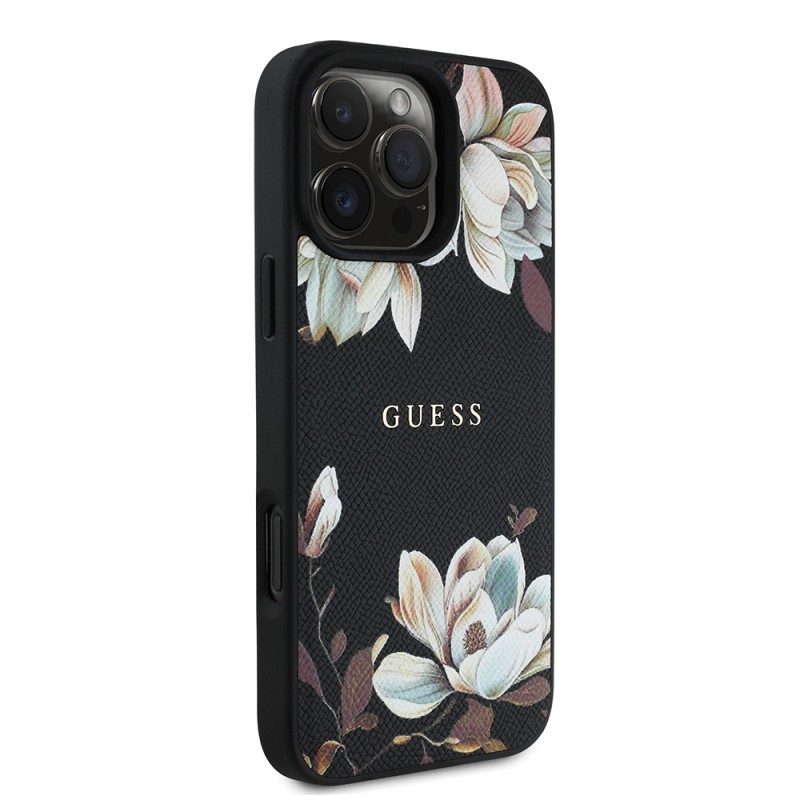 Bal-z Apple iPhone 16 Pro Kılıf Guess Orjinal Lisanslı M-safe Şarj Özellikli Taneli Çiçek Tasarımlı Metal Yazı Logolu Kapak