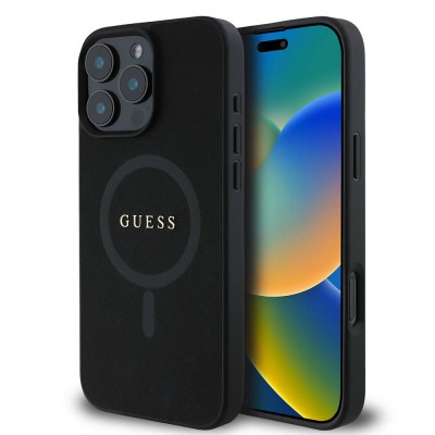 Bal-z Apple iPhone 16 Pro Kılıf Guess Orjinal Lisanslı M-safe Şarj Özellikli Yazı Logolu Saffiano Classic Kapak
