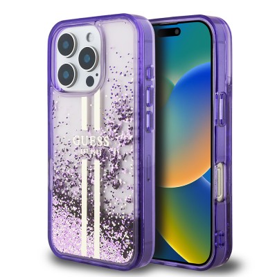 Bal-z Apple iPhone 16 Pro Kılıf Guess Orjinal Lisanslı Transparan Sıvılı Simli Altın Çizgili Kapak