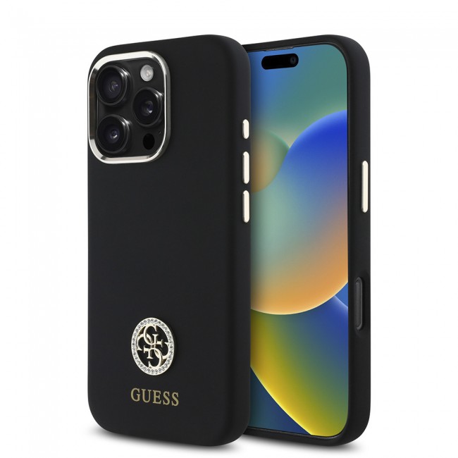 Apple iPhone 16 Pro Kılıf Guess Orjinal Lisanslı Yazı ve Taşlı 4G Logolu Metal Kamera Çerçeveli Silikon Kapak Apple iPhone 16 Pro Kılıf Guess Orjinal Lisanslı Yazı ve Taşlı 4G Logolu Metal Kamera Çerçeveli Silikon Kapak