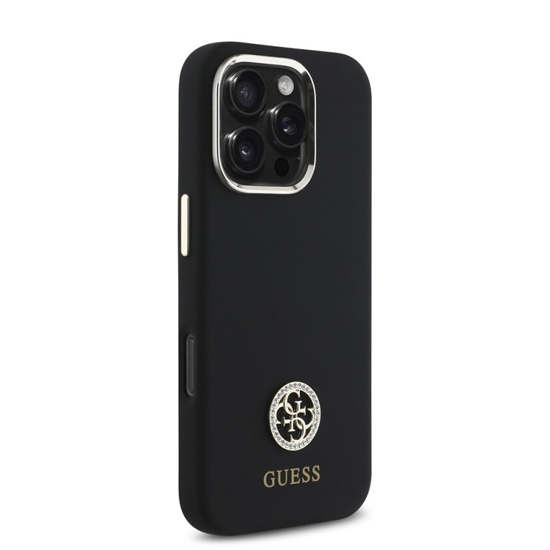 Bal-z Apple iPhone 16 Pro Kılıf Guess Orjinal Lisanslı Yazı ve Taşlı 4G Logolu Metal Kamera Çerçeveli Silikon Kapak