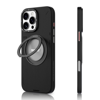 Apple iPhone 16 Pro Kılıf M-safe Şarj Özellikli 360° Standlı Basit Mat Deri Desenli Youngkit Tech Leather Serisi Kapak