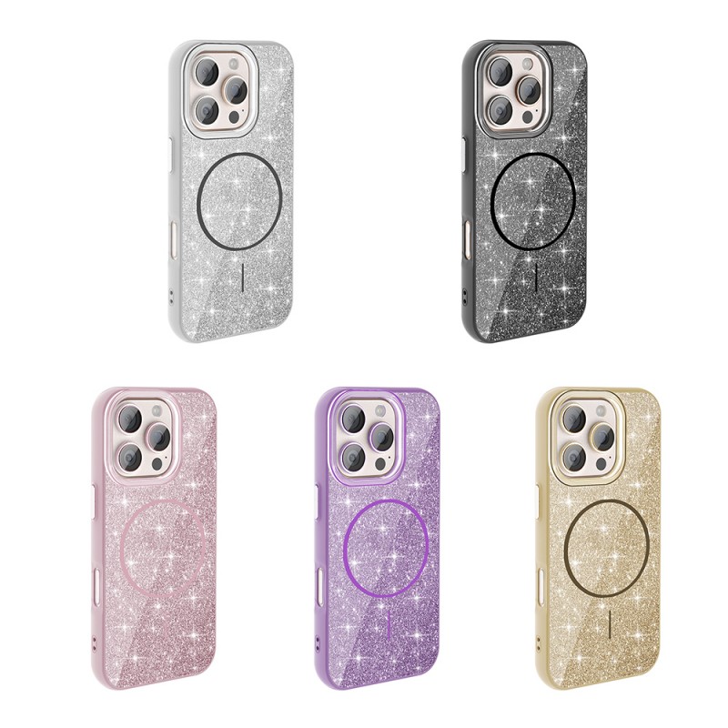 Bal-z Apple iPhone 16 Pro Kılıf M-safe Şarj Özellikli Parlayan Simli Zore Okso Kapak