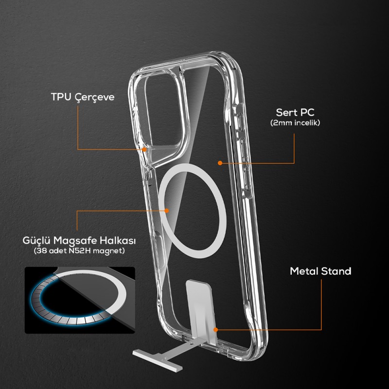 Bal-z Apple iPhone 16 Pro Kılıf M-safe Şarj Özellikli Zore T-Max Standlı Kapak