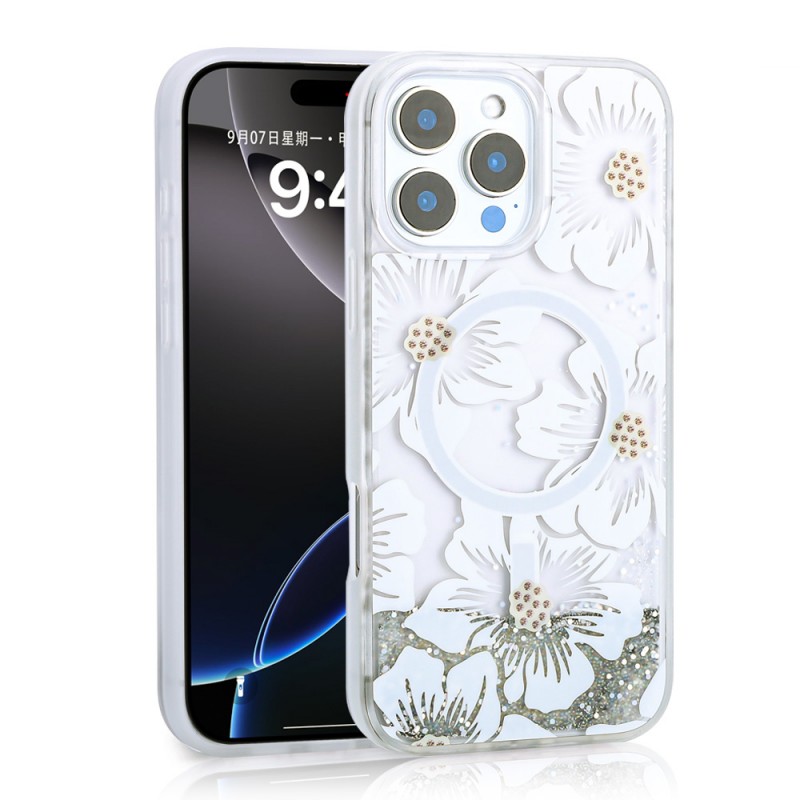 Bal-z Apple iPhone 16 Pro Kılıf Sıvılı Simli Baskılı Şeffaf Arka Yüzey Zore Mossa Silikon Kapak