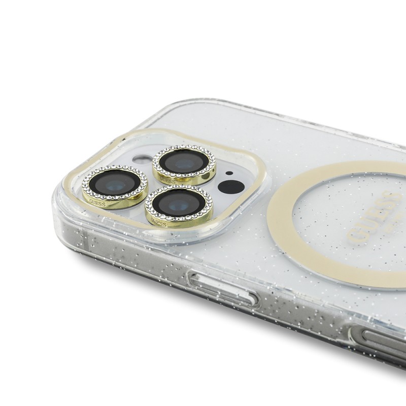 Bal-z Apple iPhone 16 Pro Max Guess Orjinal Lisanslı 3'lü Aksesuar Seti IML Baskılı Simli Glitter Kılıf + Ekran Koruyucu + Lens Koruyucu