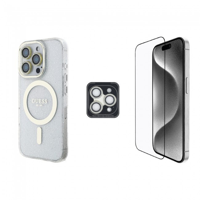 Apple iPhone 16 Pro Max Guess Orjinal Lisanslı 3'lü Aksesuar Seti IML Baskılı Simli Glitter Kılıf + Ekran Koruyucu + Lens Koruyucu Apple iPhone 16 Pro Max Guess Orjinal Lisanslı 3'lü Aksesuar Seti IML Baskılı Simli Glitter Kılıf + Ekran Koruyucu + Lens Koruyucu