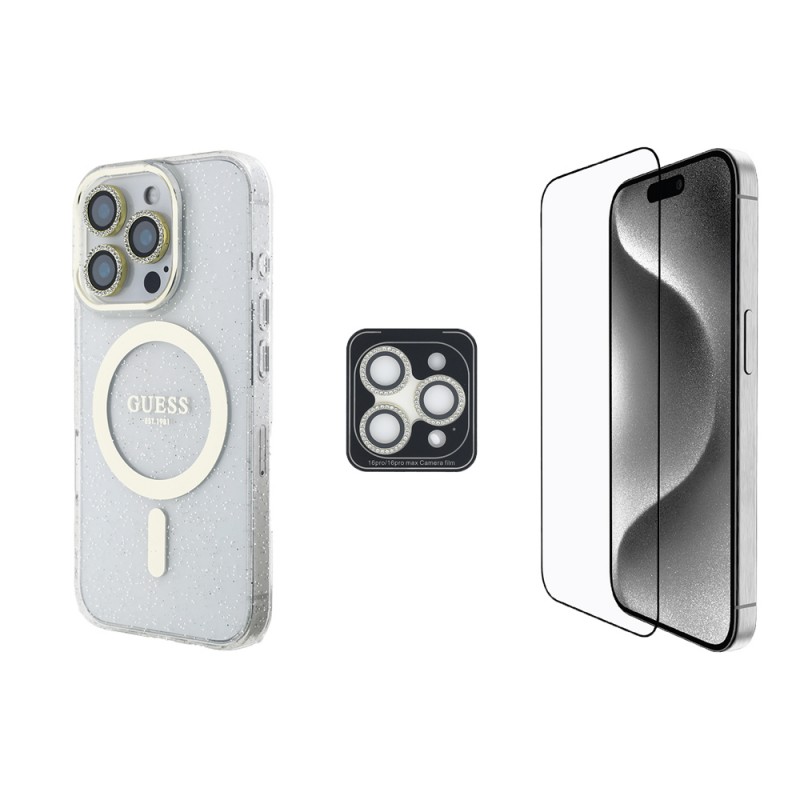 Bal-z Apple iPhone 16 Pro Max Guess Orjinal Lisanslı 3'lü Aksesuar Seti IML Baskılı Simli Glitter Kılıf + Ekran Koruyucu + Lens Koruyucu