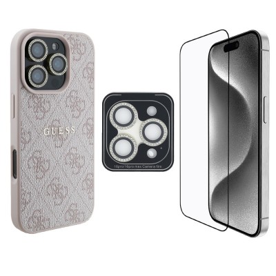 Bal-z Apple iPhone 16 Pro Max Guess Orjinal Lisanslı Kılıf + Ekran Koruyucu + Lens Koruyucu 3in1 Aksesuar Seti