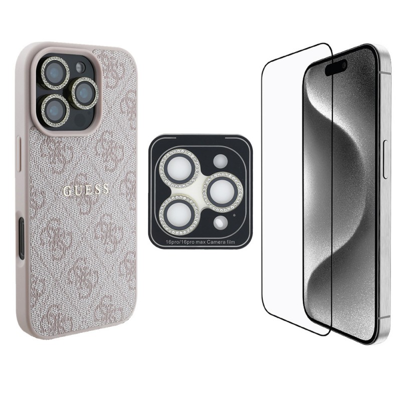 Bal-z Apple iPhone 16 Pro Max Guess Orjinal Lisanslı Kılıf + Ekran Koruyucu + Lens Koruyucu 3in1 Aksesuar Seti