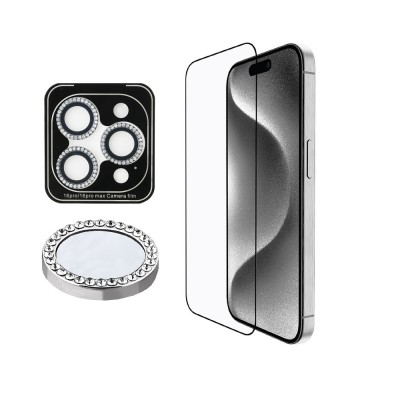 Bal-z Apple iPhone 16 Pro Max Guess Orjinal Lisanslı Rhinestone Ekran Koruyucu + Lens Koruyucu 2in1 Aksesuar Seti