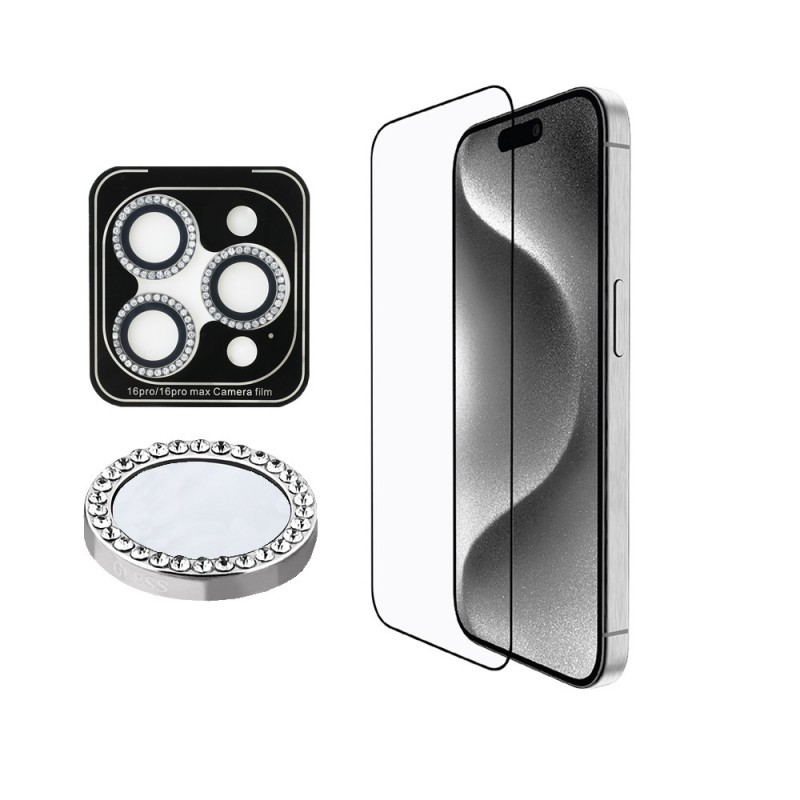 Bal-z Apple iPhone 16 Pro Max Guess Orjinal Lisanslı Rhinestone Ekran Koruyucu + Lens Koruyucu 2in1 Aksesuar Seti
