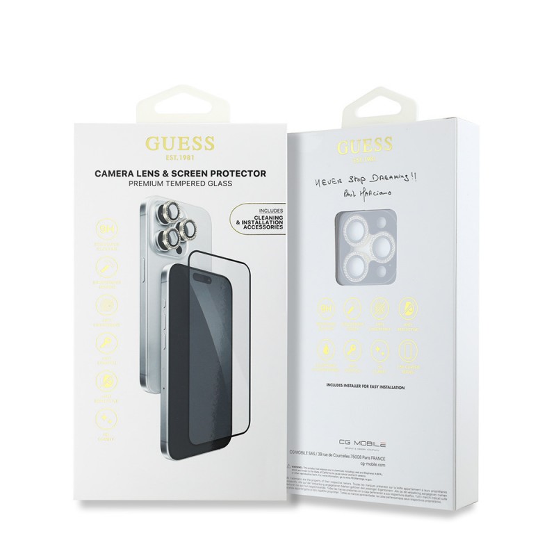 Bal-z Apple iPhone 16 Pro Max Guess Orjinal Lisanslı Rhinestone Ekran Koruyucu + Lens Koruyucu 2in1 Aksesuar Seti