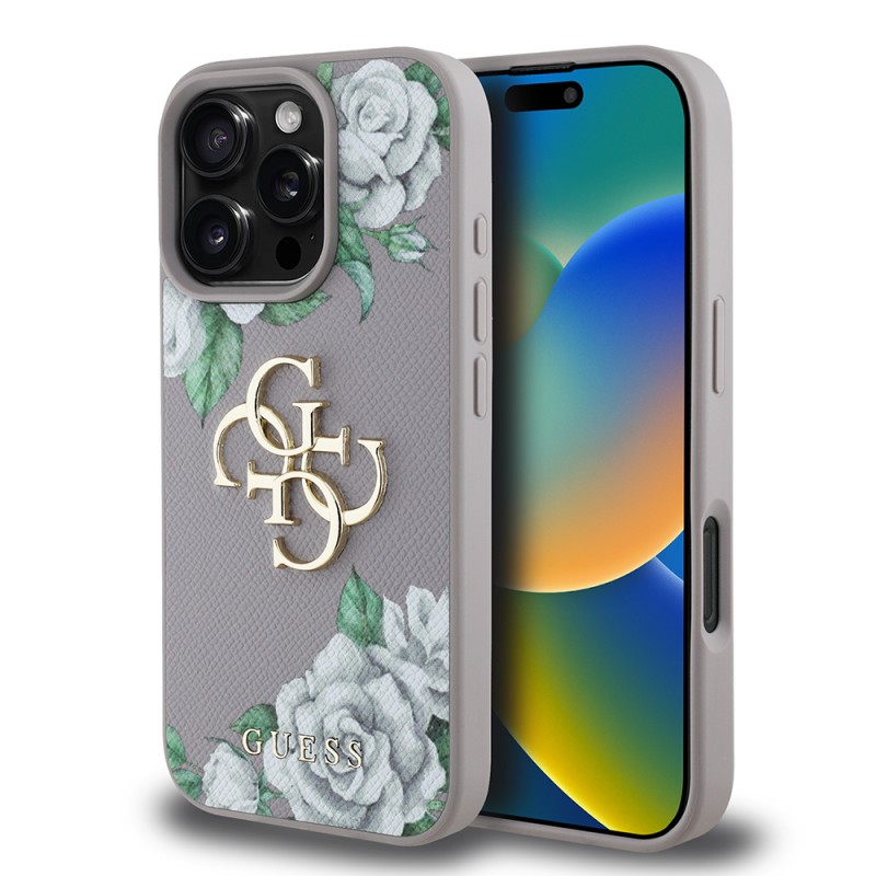 Bal-z Apple iPhone 16 Pro Max Kılıf Guess Orjinal Lisanslı Gül Baskılı Büyük Metal Logo Dizaynlı Kapak