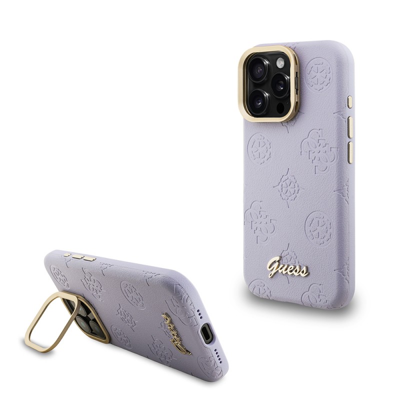 Bal-z Apple iPhone 16 Pro Max Kılıf Guess Orjinal Lisanslı M-safe Şarj Özellikli Sıcak Baskılı Yazı Logolu Kamera Standlı PU Deri Peony Kapak