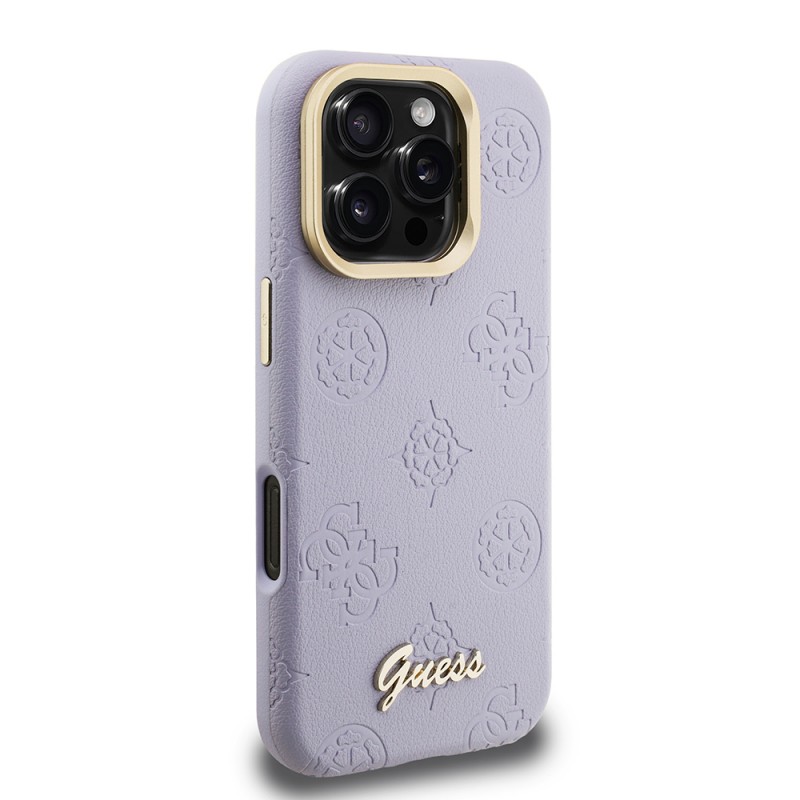 Bal-z Apple iPhone 16 Pro Max Kılıf Guess Orjinal Lisanslı M-safe Şarj Özellikli Sıcak Baskılı Yazı Logolu Kamera Standlı PU Deri Peony Kapak