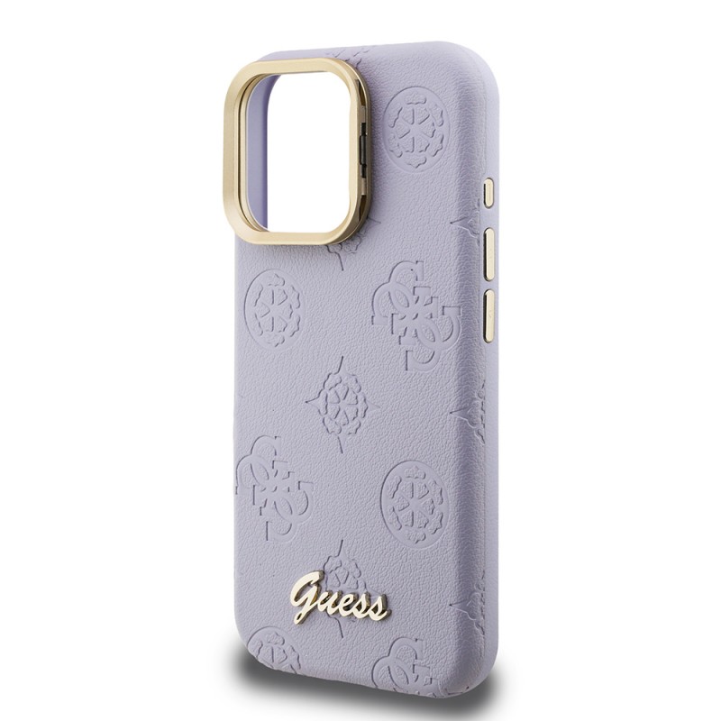 Bal-z Apple iPhone 16 Pro Max Kılıf Guess Orjinal Lisanslı M-safe Şarj Özellikli Sıcak Baskılı Yazı Logolu Kamera Standlı PU Deri Peony Kapak