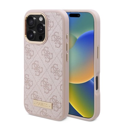 Bal-z Apple iPhone 16 Pro Max Kılıf Guess Orjinal Lisanslı M-safe Şarj Özellikli 4G Desenli PU Metal Plaka Klasik Logolu Kapak