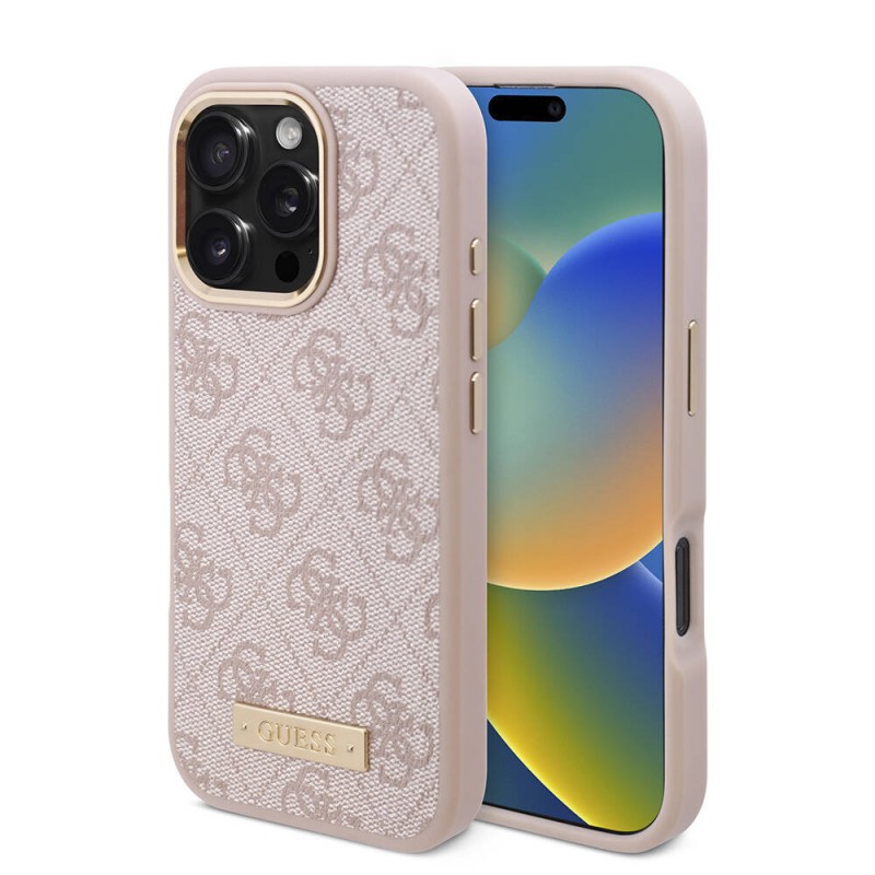 Bal-z Apple iPhone 16 Pro Max Kılıf Guess Orjinal Lisanslı M-safe Şarj Özellikli 4G Desenli PU Metal Plaka Klasik Logolu Kapak