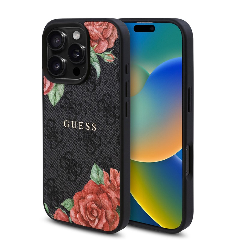Bal-z Apple iPhone 16 Pro Max Kılıf Guess Orjinal Lisanslı M-safe Şarj Özellikli Gül Baskılı 4G Desenli Yazı Logolu Kapak