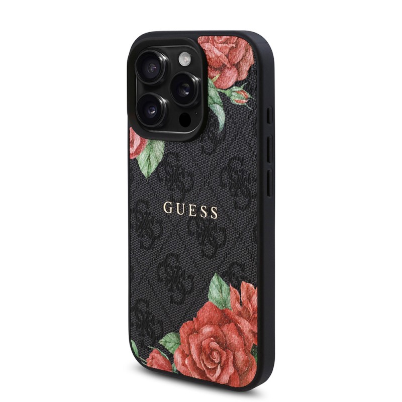 Bal-z Apple iPhone 16 Pro Max Kılıf Guess Orjinal Lisanslı M-safe Şarj Özellikli Gül Baskılı 4G Desenli Yazı Logolu Kapak