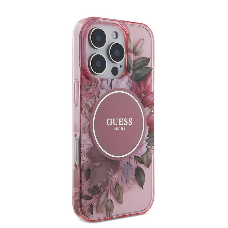 Bal-z Apple iPhone 16 Pro Max Kılıf Guess Orjinal Lisanslı M-safe Şarj Özellikli IML Baskılı Çiçek İnci Bileklikli Kapak