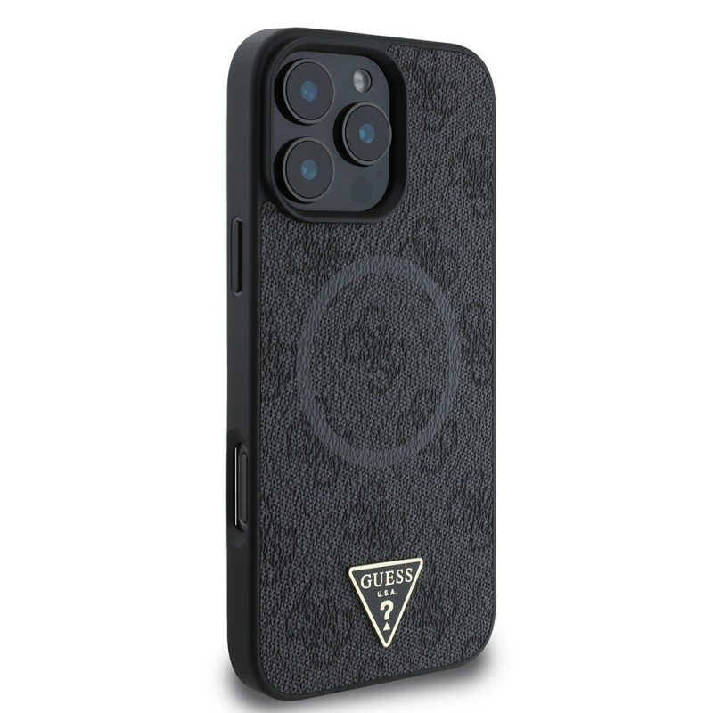 Bal-z Apple iPhone 16 Pro Max Kılıf Guess Orjinal Lisanslı M-safe Şarj Özellikli PU Üçgen Logo 4G Desenli Kapak