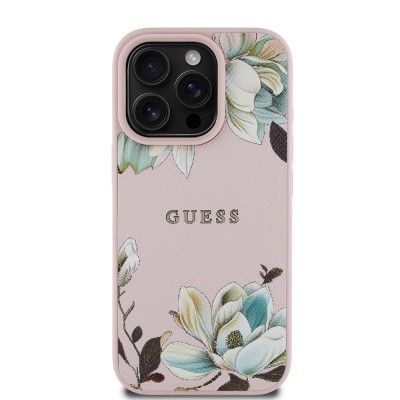 Bal-z Apple iPhone 16 Pro Max Kılıf Guess Orjinal Lisanslı M-safe Şarj Özellikli Taneli Çiçek Tasarımlı Metal Yazı Logolu Kapak