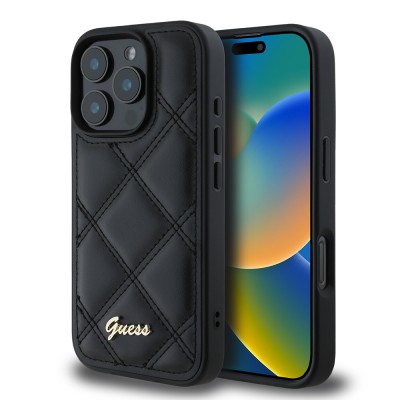Bal-z Apple iPhone 16 Pro Max Kılıf Guess Orjinal Lisanslı PU Deri Metal Yazı Logolu Kapitone Kapak