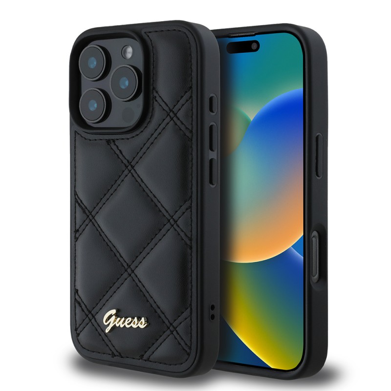 Bal-z Apple iPhone 16 Pro Max Kılıf Guess Orjinal Lisanslı PU Deri Metal Yazı Logolu Kapitone Kapak