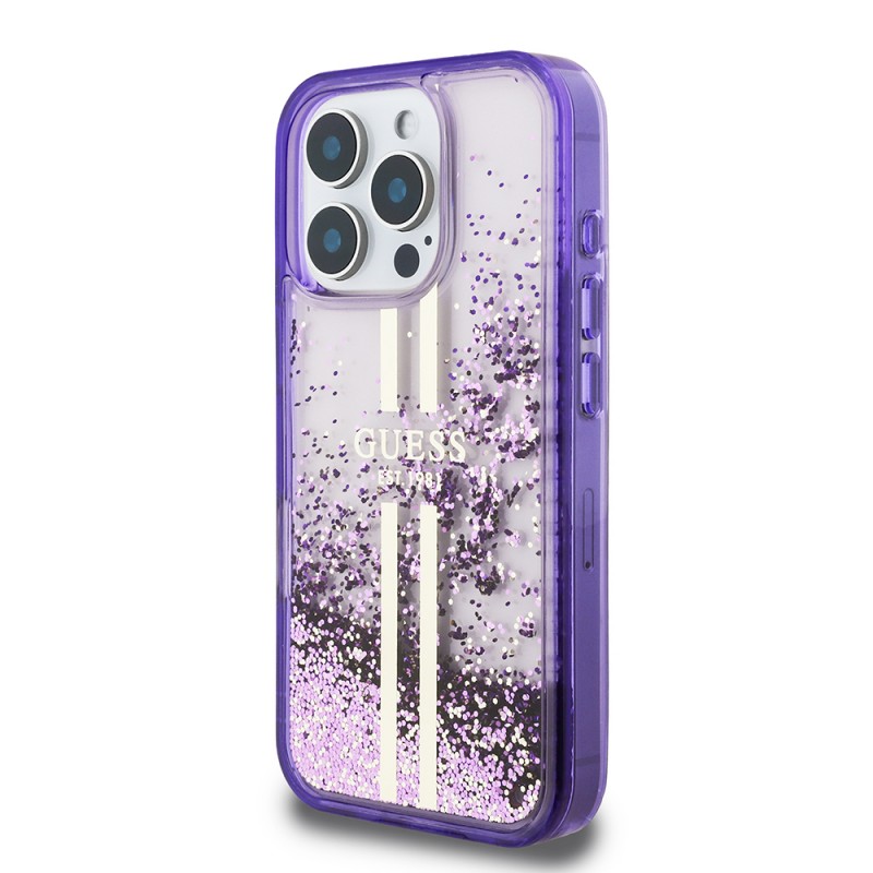 Bal-z Apple iPhone 16 Pro Max Kılıf Guess Orjinal Lisanslı Transparan Sıvılı Simli Altın Çizgili Kapak