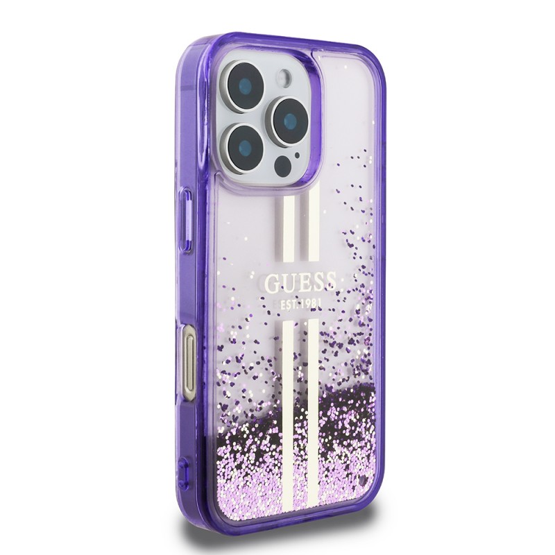 Bal-z Apple iPhone 16 Pro Max Kılıf Guess Orjinal Lisanslı Transparan Sıvılı Simli Altın Çizgili Kapak