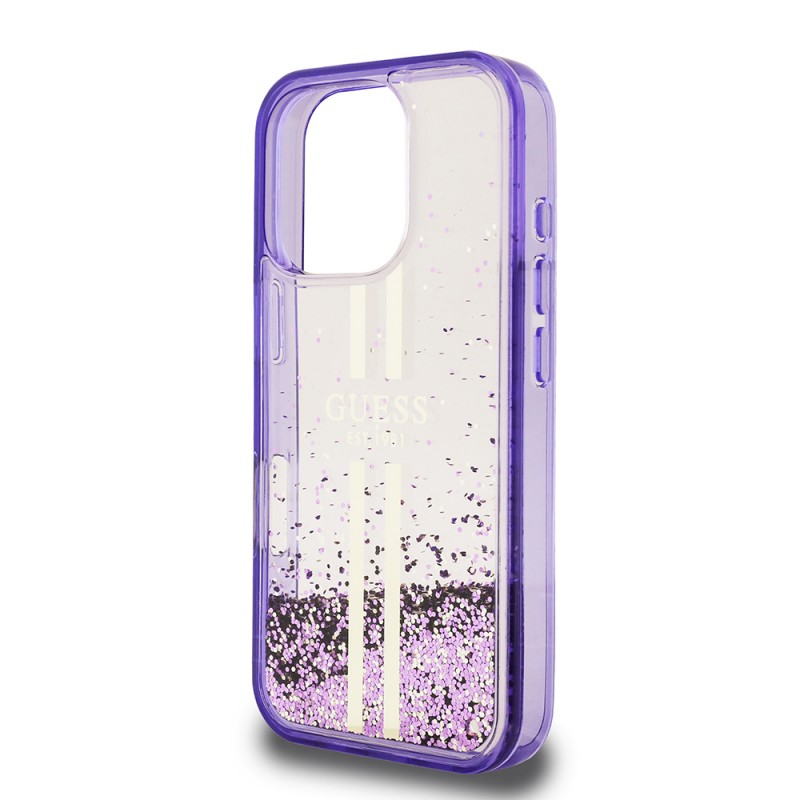 Bal-z Apple iPhone 16 Pro Max Kılıf Guess Orjinal Lisanslı Transparan Sıvılı Simli Altın Çizgili Kapak