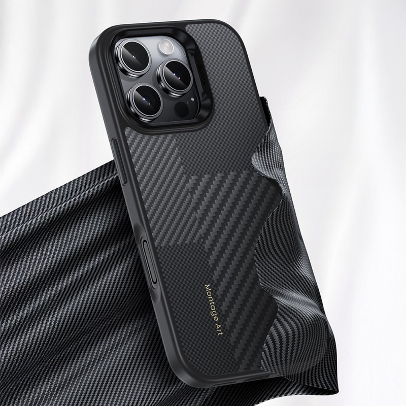 Bal-z Apple iPhone 16 Pro Max Kılıf Karbon Fiber M-safe Şarj Özellikli Kamera Kontrol Butonlu Benks Hybrid ArmorPro Montage Kevlar Kapak