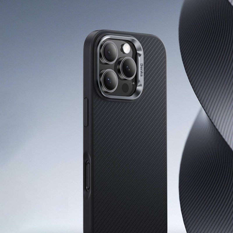 Bal-z Apple iPhone 16 Pro Max Kılıf Karbon Fiber M-safe Şarj Özellikli Benks Hybrid ArmorPro 600D Kevlar Kapak