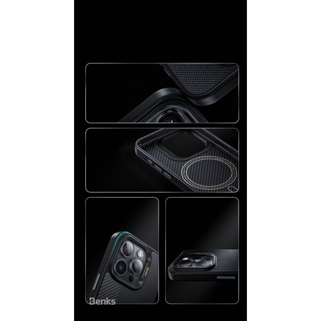 Apple iPhone 16 Pro Max Kılıf Magsafe Şarj Özellikli Karbon Fiber Benks Montage Hybrid ArmorPro Kevlar Kapak Apple iPhone 16 Pro Max Kılıf Magsafe Şarj Özellikli Karbon Fiber Benks Montage Hybrid ArmorPro Kevlar Kapak